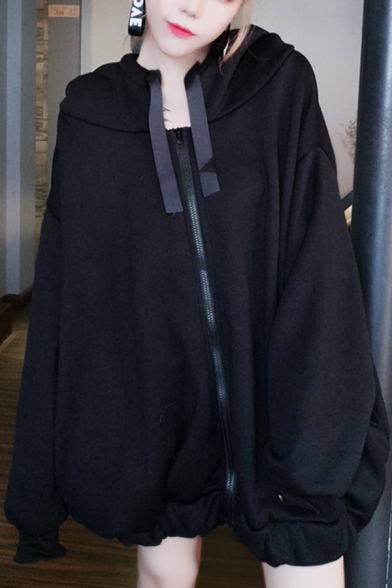 Harajuku Style Simple Letter Printed Back Long Sleeve Full Zip Baggy Thick Hoodie Coat