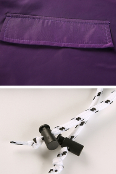 Hip Hop Style Dark Purple Long Sleeve Snap Button Front Drawstring Hem Cropped Jacket