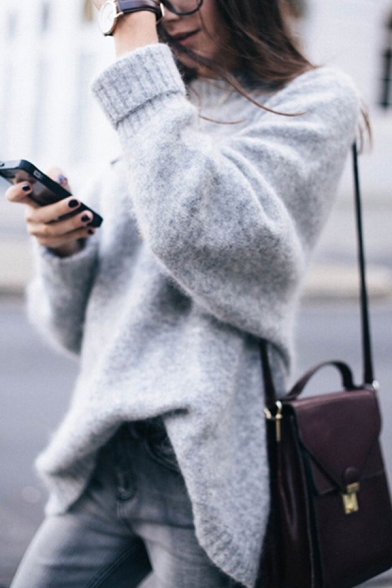 Ladies Elegant Gray Plain Long Sleeve Round Neck Warm Oversized Pullover Sweater