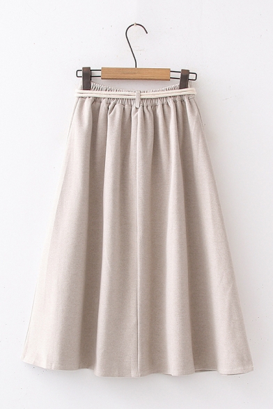Ladies Elegant Plain High Waist Midi A-Line Wool Skirt with Tied Belt
