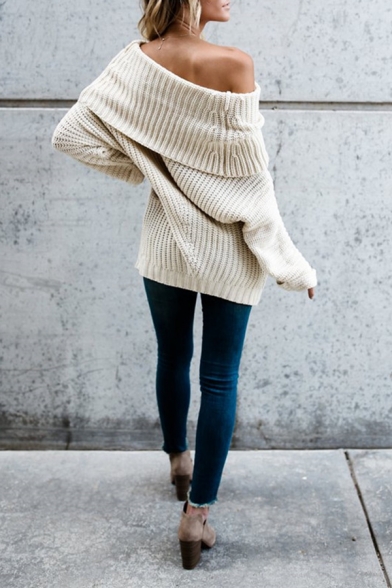 Ladies Sexy Plain Long Sleeve Foldover Off the Shoulder Oversized Longline Knitwear Sweater