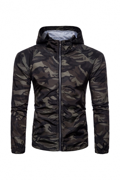 Mens Classic Camouflage Long Sleeve Zip Placket Slim Fit Hooded Sports Jacket Coat
