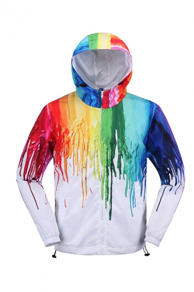 Mens Colorful Painting Dripping Print Drawstring Hem Zip Up White Casual Jacket Hooded Coat