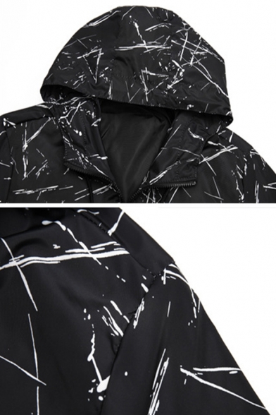 Mens Fashionable Marble Printed Long Sleeve Zip Up Drawstring Hood Sports Jacket Coat