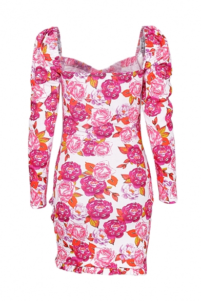 Pink Allover Floral Printed Puff-Sleeve Ruched Front Sweetheart Neck Mini Tulip Dress