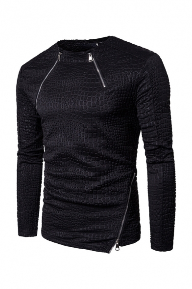 Plain Black Allover Embossed Pattern Zipper Embellished Long Sleeve Fitted Casual Pullover Sweatshirt
