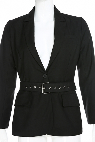 Plain Black Sexy Notched Lapel Collar Long Sleeve Belted Flap Pocket Blazer Coat