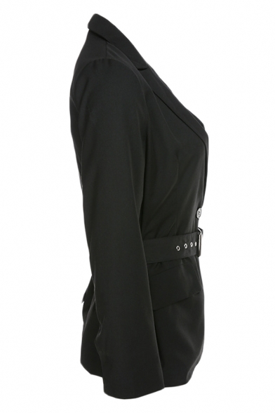 Plain Black Sexy Notched Lapel Collar Long Sleeve Belted Flap Pocket Blazer Coat