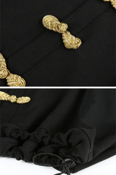 Retro Black Stand Collar Flap Pocket Long Sleeve Frog Button Drawstring Hem Cropped Sweatshirt