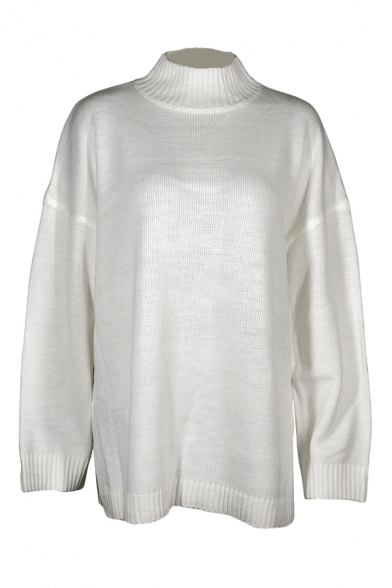 Stylish White Solid Loose High Collar Side Split Knit Long Pullover Sweater for Women