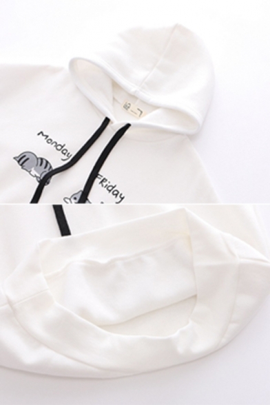 Two Cartoon Cats Pattern MEOW Letter Printed Long Sleeve Colorblock Drawstring Hoodie in Loose Fit