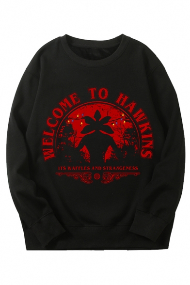 WELCOME TO HAWKINS Printed Long Sleeve Round Neck Loose Black Pullover Graphic Sweatshirt