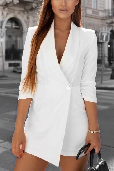 White Elegant 3/4 Sleeve Shawl Collar One Button Slim Fit Wrap Blazer Romper