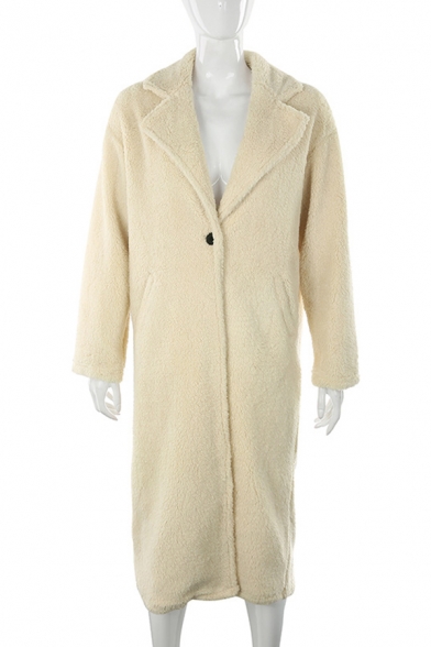 Winter Fashion Notched Lapel Long Sleeve Single Button Beige Longline Loose Teddy Fleece Overcoat with Pocket