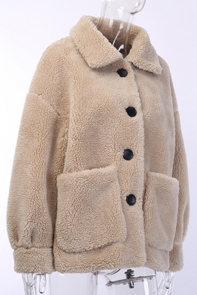 Women Warm Solid Color Long Sleeve Single Breasted Fluffy Faux Fur Boxy Coat with Big Pocket