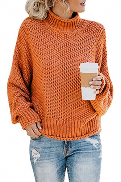 Womens Casual Long Sleeve High Collar Loose Fit Solid Outwear Sweater