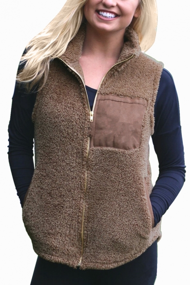 Womens Chic Solid Color Patchwork Design Lapel Collar Sleeveless Zip Up Plush Fluffy Warm Vest