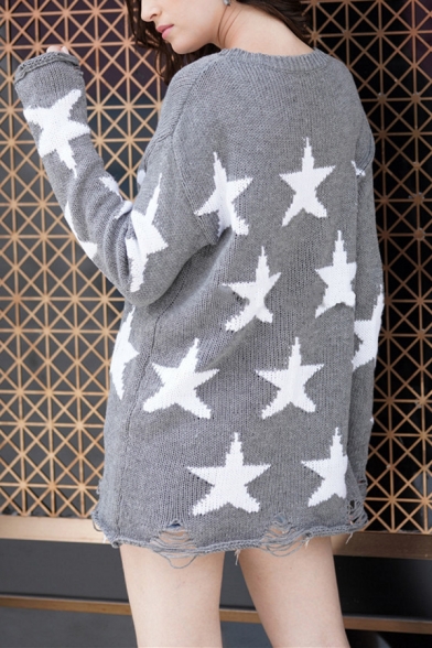 Womens Chic White Stars Printed Long Sleeve Round Neck Gray Ripped Sweater in Loose Fit