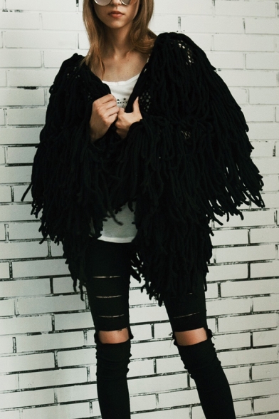 Womens Designer Long Sleeve Open Front Faux Fur Unique Tassels Coat