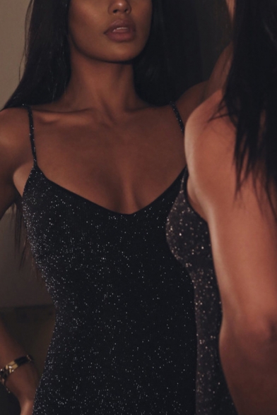 Womens Exclusive Black Glitter Sleeveless Sexy Nightclub Midi Camisole Dress