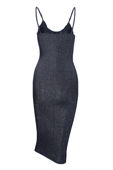 Womens Exclusive Black Glitter Sleeveless Sexy Nightclub Midi Camisole Dress