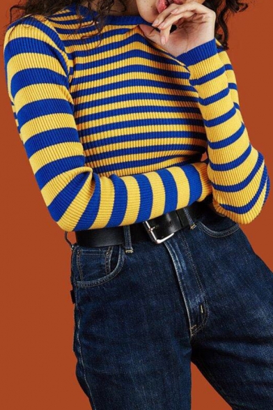 Womens Fashion Color Block Striped Print Long Sleeve Slim Fit Casual Pullover Sweater