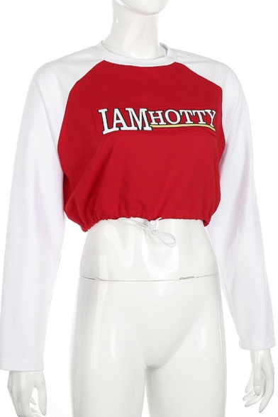 Womens Fashion LAMHOTTY Printed Raglan Long Sleeve Drawstring Hem Red and White Cropped Pullover Sweatshirt