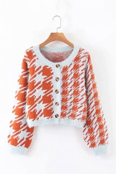 Womens Fashion Orange Houndstooth Print Long Sleeve Button Down Crop Cardigan Coat