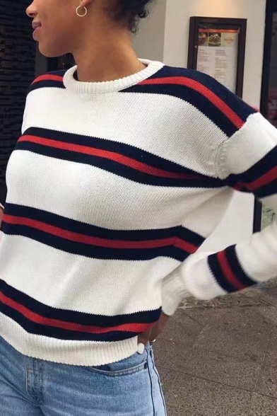 Womens Fashion Striped Panel Crew Neck Long Sleeve White Loose Classic Pullover Sweater
