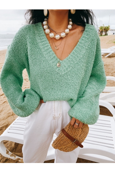 Womens Fashionable Green V-Neck Balloon Long Sleeve Oversized Knitted Pullover Sweater
