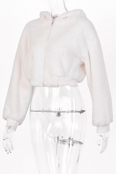 Womens Leisure Plain White Faux Fur Long Sleeve Zip Up Cropped Jacket Coat with Hood