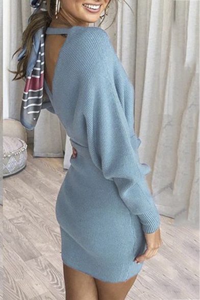 Womens Sexy V-Neck Long Sleeve V-Back Tied Waist Solid Classic Mini Fitted Dress