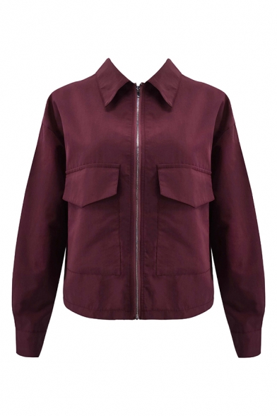 Womens Simple Plain Lapel Collar Long Sleeve Zip Up Short Casual Work Jacket Coat