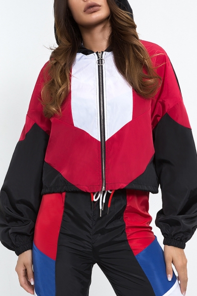 Womens Sportive Color-Block Long Sleeve O-Ring Zip Up Drawstring Hem Hooded Crop Windbreaker Jacket
