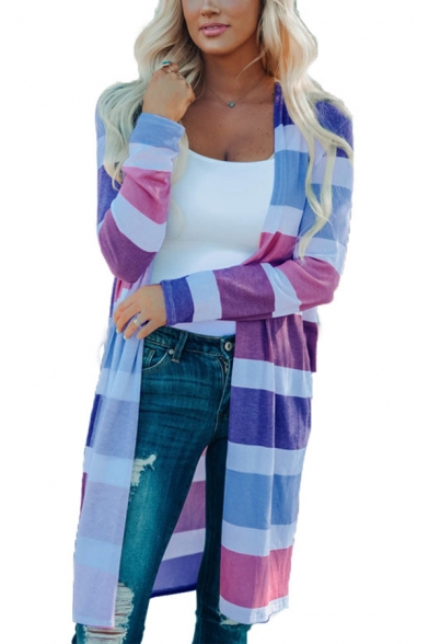 Womens Stylish Colorful Wide Stripe Printed Long Sleeve Open Front Duster Cardigan