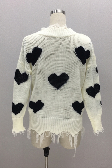 Womens Stylish Heart Pattern Patch V-Neck Long Sleeve Ripped Detail Two Tone Pullover Sweater