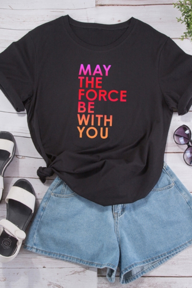Womens Stylish Ombre Letter MAY THE FORCE BE WITH YOU Printed Curved Short Sleeve Loose Casual T-Shirt