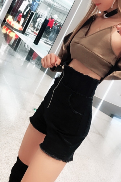 Basic Trendy Girls' High Waist Zipper Front Frayed Trim Skinny Pants in Black