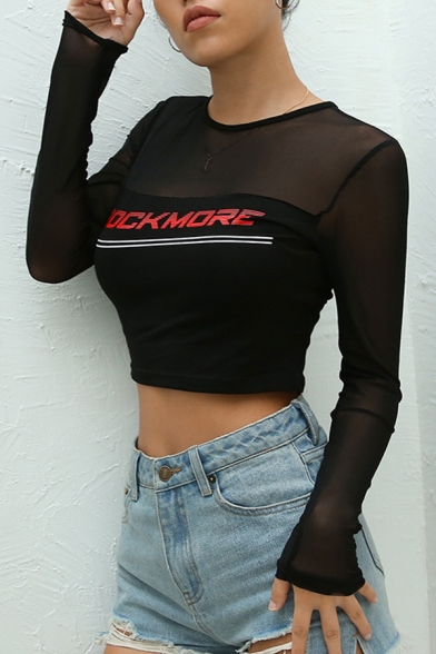 Black Cool Long Sleeve Crew Neck Letter ROCK MORE Print See-Through Mesh Fitted Crop Tee for Girls