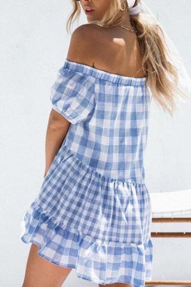 Blue Cute Girls' Puff Sleeve Off The Shoulder Plaid Patterned Patched Ruffled Trim Short Swing Dress for Party