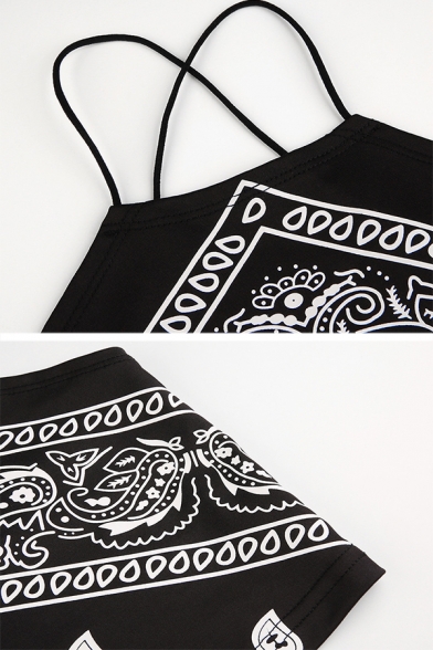 Bohemian Sexy Girls' Sleeveless Halter Mixed Patterned Cut Out Back Slim Fit Black Crop Tank Top