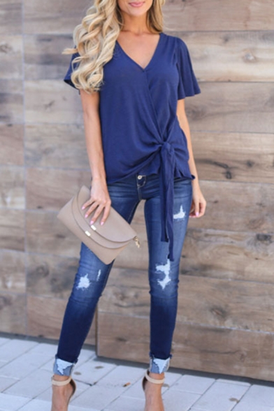 Casual Dark Blue Mid Rise Button Down Distressed Bleach Rolled Cuffs Skinny Ankle Jeans for Female