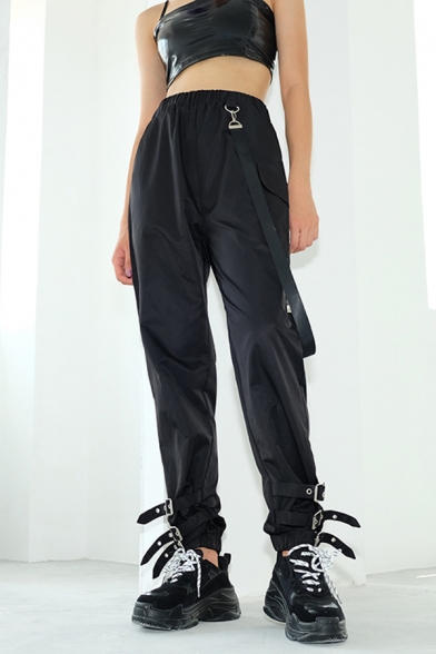 Casual Plain Elastic Waist Buckle Ribbon Cuffed Ankle Length Relaxed Cargo Pants for Girls
