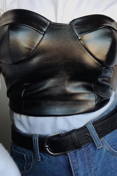 Cool Girls' Black Sleeveless Sweetheart Neck Leather Strapless Crop Tube Top for Club