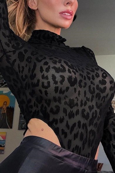 Cool Girls Long Sleeve Mock Neck Leopard Print Semi-Sheer High Cut Black Mesh Slim Bodysuit for Club