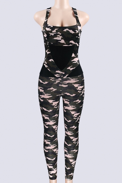 Cool Sexy Girls' Sleeveless Scoop Neck Camo Print Contrasted Hollow Back Stretchy Long Skinny Tank Jumpsuit in Green