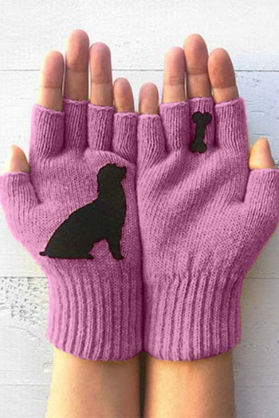 Creative Cartoon Dog and Bone Printed Knit Fingerless Gloves for Winter