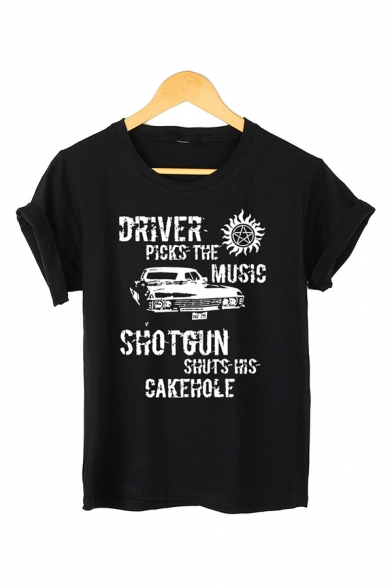 Creative DRIVER PICKS THE MUSIC Letter Print Short Sleeves Crew Neck Loose Graphic T-Shirt