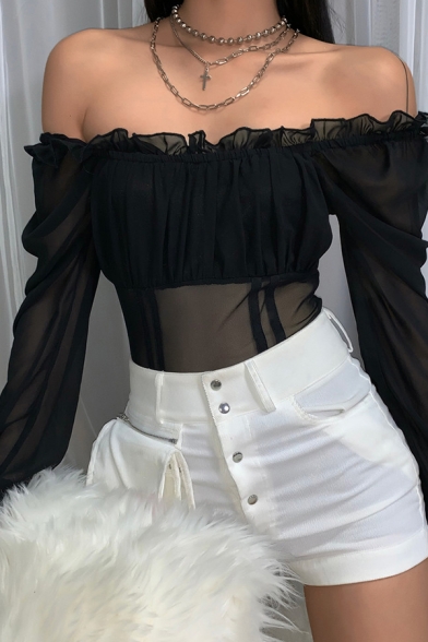 Cute Black Blouson Sleeve Off The Shoulder Stringy Selvedge See-Through Mesh Bodysuit for Female
