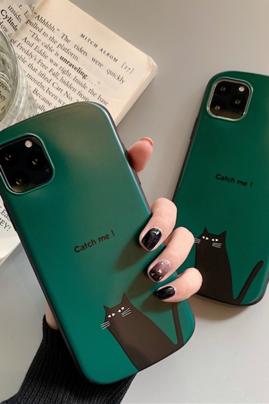 Cute Black Cat Letter CATCH ME Printed Vintage Style Dark Green Silicone Phone Case
